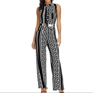 black and white striped button up jumpsuit flared wide baggy leg pants